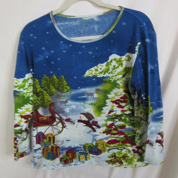Jane Ashley Christmas Holiday Sweater Blouse Snowman Sled Beaded Size Large - Picture 4 of 11